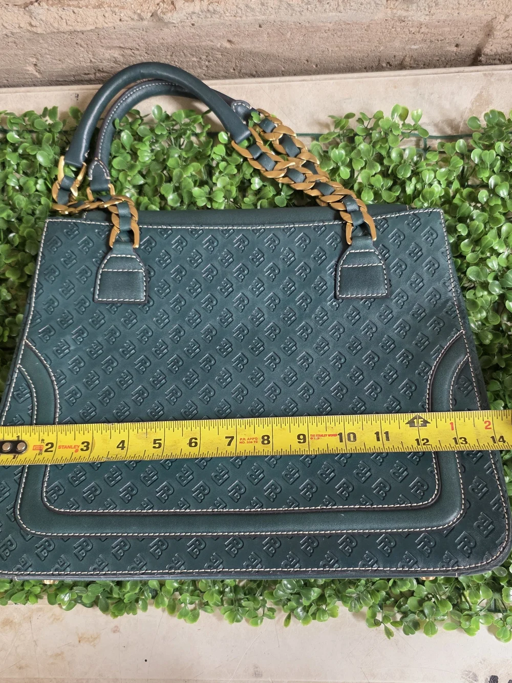 POWERLAND Forest Green Embossed Monogram Tote Bag Gold Chain Straps